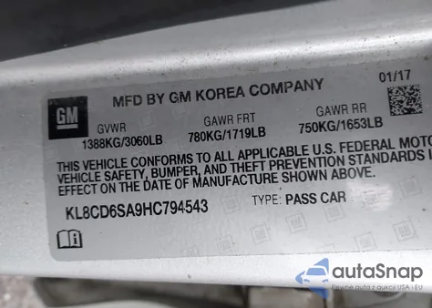 2017 Chevrolet Spark 1Lt Cvt z USA, uszkodzony, nr VIN KL8CD6SA9HC794543